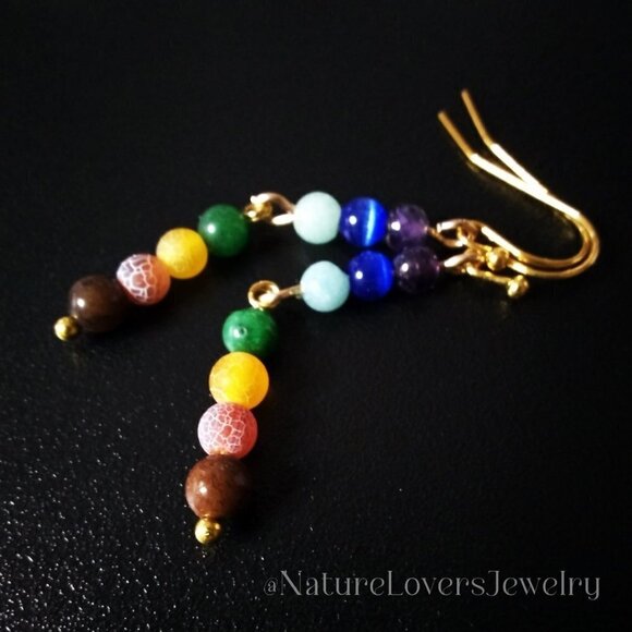 7 Chakra Earrings! Dainty + Slim Dangle Earrings with Semi Precious Stones - Picture 6 of 11
